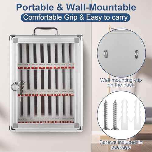 Aluminum Cell Phone Lock Box with Key 24 Slots Aluminum Alloy Pocket Chart Storage Cabinet for Cell Phone Locker Wall-Mounted Cell Phone Box Cell Phone Storage Cell Phone Jail for Office
