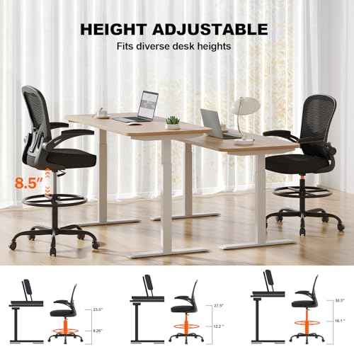 Ergonomic Drafting Chair, Tall Office Chair with Flip-up Armrests, Breathable Mesh High Desk Chair with Lumbar Support Adjustable Footrest Ring for Standing Desk Black
