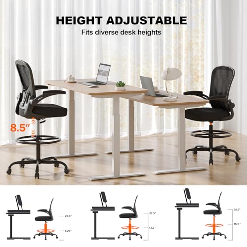 Synorla Ergonomic Drafting Chair with Mesh Back & Flip-Up Arms - Adjustable Office Stool