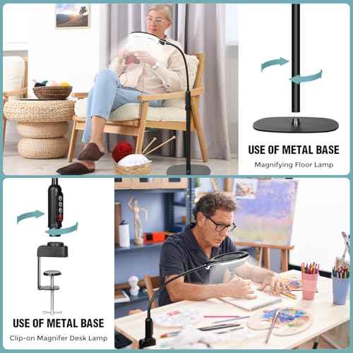 10X Magnifying Glass with Light and Stand, Flexible Gooseneck Magnifying Floor Lamp with Light, 3-in-1 LED 5 Color Modes, Stepless Dimmable Lighted Magnifier Hands Free for Close Work, Craft, Reading