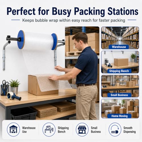 Wall Mount Bubble Wrap Dispenser for 15.75-inch Rolls - Heavy-Duty Steel & Adjustable Side Baffles