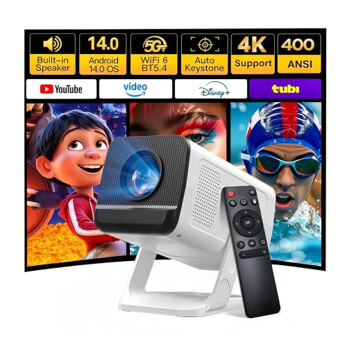 LYNCAST White Android 14 Mini Projector 1080P 4K Support, Built-in Apps, Wi-Fi 6
