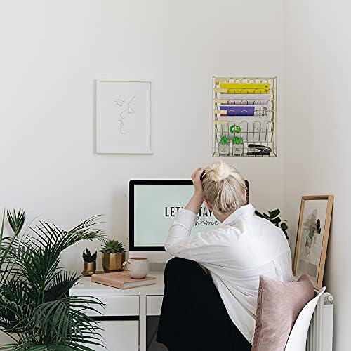 Spacrea Hanging File Holder Organizer - 6 Tier Wall Mount File Organizer for Women, Hanging Wall File for Office, School or Home, Bright Gold