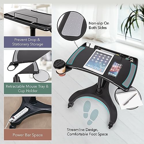Pro Desk Mobile Laptop Cart on Wheels with Storage — Height Adjustable Sit/Stand, EHO