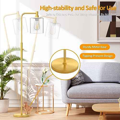 Stepless Dimmable Floor Lamps with Glass Lampshade Modern Standing Lamps with 6W LED Bulb Bright Corner Lamp Tall Pole Lamps for Living Room Bedroom Office Study Room Farmhouse, Gold