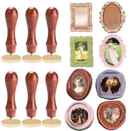 Frame Wax Seal Stamp Kit 6pcs Brass Wax Seal Head with Removable 6pcs Wood Handle Vintage Photo Frame Stamp Design for Wedding Invitations Sealing Letters Envelopes Diplomas Scrapbooking-Kit 1