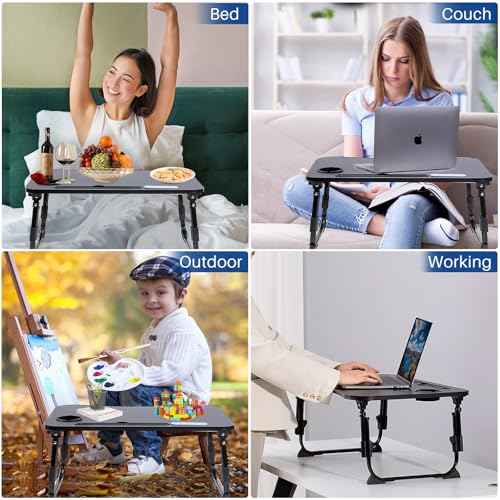 Laptop Desk for Bed, Height Adjustable Laptop Bed Table, Foldable Portable Lap Desk Stand with USB/Storage Drawer/Cup Holder/Slot, Breakfast Tray for Working Reading Writing Eating