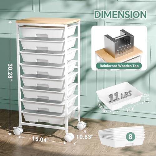 Ekisemio 8-Drawer Rolling Cart with Wooden Top, Locking Wheels — Portable Utility Cart for Home Office Classroom