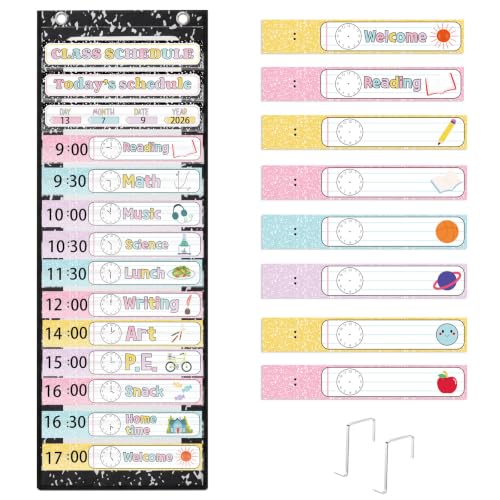 MotiMind Classroom Daily Schedule Pocket Chart with 21 Reusable Cards - Macaron Color / Composition Notebook Variant, 13 x 36 Inches