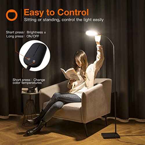 addlon LED Floor Lamp, 4 Brightness Levels and 3 Color Temperatures with Adjustable Gooseneck, Reading Pole Lamp for Bedroom, Sewing Craft Living Room and Office - Black