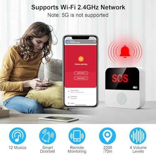WiFi Pager, Caregiver Pagers Life Alert Systems for Seniors no Monthly Fee, 1 Receiver and 1 SOS Panic Button & 1 Watch Pager, Compatible with Tuya Smart/Smart Life APP