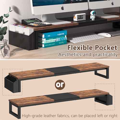 LAND¡¤VOI Dual Monitor Stand Riser,41.5'' Long Monitor Stand for 2 Monitors, Wood Computer Riser with Pocket, Desktop Oraganizer with Pen Holder, Monitor Riser for Desk Computer,Laptop,TV, Rustic Brown
