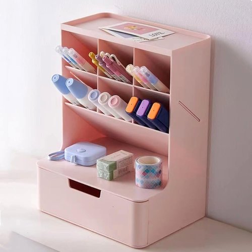 Saikvi Desk Organizer with Drawer Pink Pen Holder Workspace Organizers Office Desk Accessories and Workspace Organizers for Home Office Organization