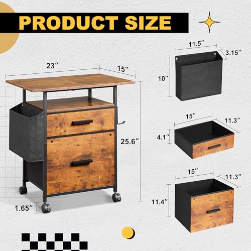 File Cabinet Printer Stand, Fabric Mobile Filing Cabinet with 2 Storage Drawers, for Hanging A4, Letter Size File Folders, Open Shelf with Storage Bag and Hooks Home Office, Rustic Brown
