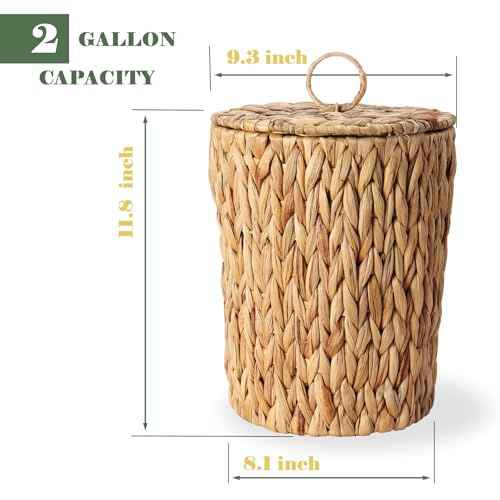 2 Gallon Wicker Trash Can with Lid - Bathroom Garbage Can with Removable Liner Bucket - Boho Hand Woven Water Hyacinth Wicker Waste Basket for Bedroom, Living Room, Home, Office