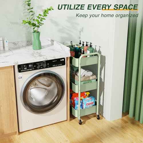 LEHOM 3 Tier Rolling Storage Cart, Metal Trolley Utility Cart with Wheels & Hooks, Easy Assembly Organizer Storage Cart for Bathroom Kitchen Office Bedroom (Green)