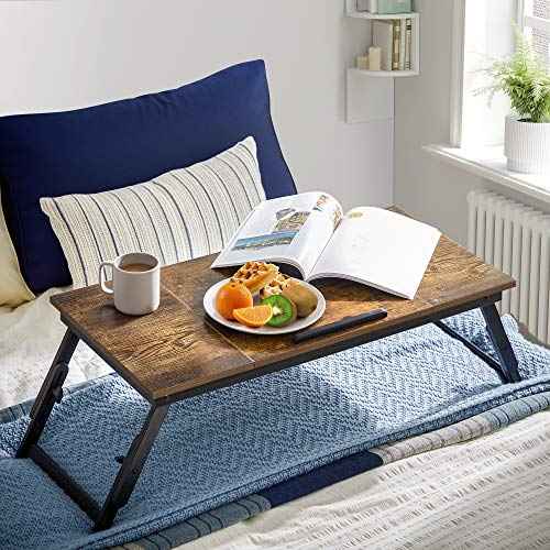 SONGMICS Laptop Desk, Bed Sofa Breakfast Tray, Adjustable Tilt Top, Right-Left Handed, Adjustable Folding Legs, Drawer, Rustic Dark Brown ULLD110B01