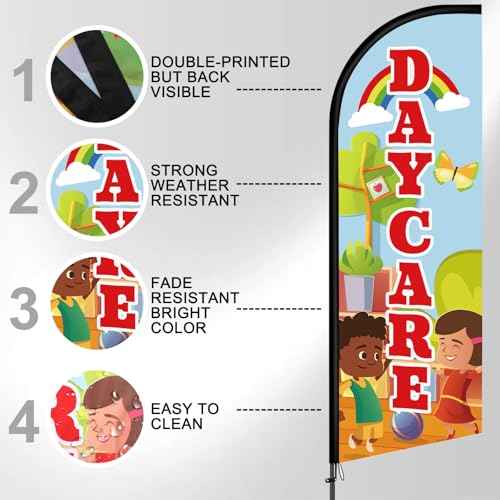 2 Set 7 ft Now Enrolling Day Care Feather Flag with Pole Kit and Ground Stake Weatherproof Polyester Now Enrolling Banner Marketing Sign for Schools Child Care Business Advertising
