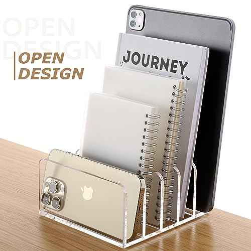 SANRUI Clear Desktop File Organizer, 5 Compartments Acrylic Office Document Sorter Mails Storage, Multifunction Letter Folder Racks Holders for Office,Home, School Desk Organization