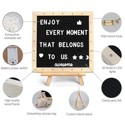 Black Felt Letter Board with Lights - 10x10 Inches, Includes 340 Reusable Letters & Built-in LED Lighting - Adjustable Stand for Weddings, Announcements & Party Planning (BlackA / 10x10)