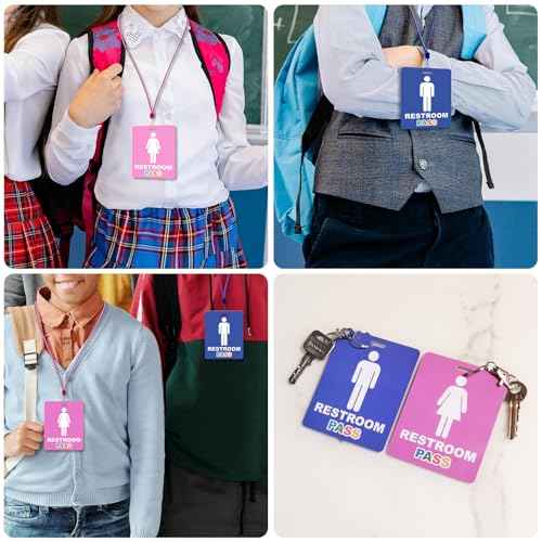 8 Set Bathroom Pass Restroom Hall Pass for Classrooms with Keychain Holder Lanyard Blue and Pink Key Tag for Women Men Restaurant Toilet Office School Classroom