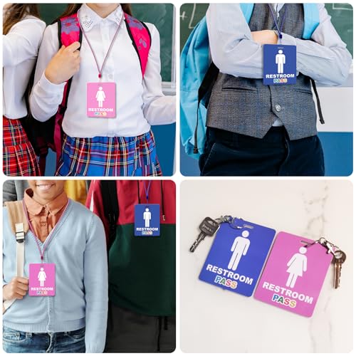 8-Pack Classroom Bathroom Passes with Keychain & Lanyard - Pink & Blue