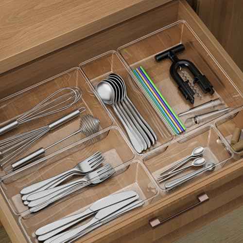 12 Piece Clear Drawer Organizer Set, 3 Sizes Bathroom Vanity Organizer Trays and Storage Bins for Makeup, Cosmetics, Jewelry, and Gadgets. Perfect for Office, Kitchen, Bedroom, Bathroom Use.