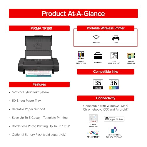 Canon PIXMA TR160 Wireless Portable Printer - Compact High-Quality Inkjet
