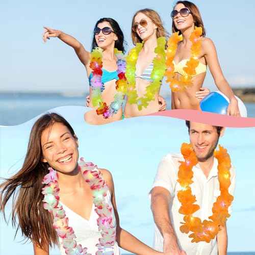 Sherr 24 Pcs LED Leis Light Up Wedding Hawaiian Leis Flower Necklace Hawaiian Leis with LED Lights Beach Tropical Carnival Party Wedding Supplies Luau Leis for Masquerade£¨Blood Rose£©