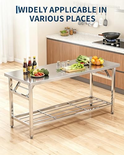 Garvee 48x24 Inch NSF Stainless Steel Folding Prep Table with Undershelf – Heavy-Duty Mobile Work Station