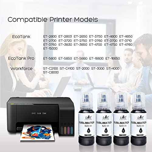 L&C Black Sublimation Ink Autofill Refill for EcoTank Printers ET 2800 ET 2803 ET 2720 ET2760 ET2850 ET5800 ST-2000 ST-3000 ST-4000 ST-C4100 Printers