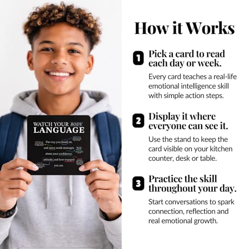 Emotional Intelligence Mindset Cards – 52 Daily Habits for Confidence & Connection – Includes Wooden Display Stand – For Kids, Teens & Adults – Standard Variation