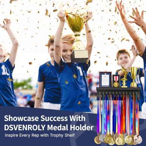 Medal Holder Display Trophy Shelf Organizer, Sturdy Wooden Race Award Hanger Rack with 25 Steel Hooks, Wall Mount Storage Stand for Sports Fans, Cheer Success