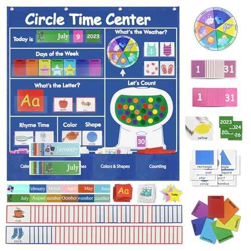 Circle Time Learning Center-Montessori Toy for 3 4 5 Year Old Pocket Chart Calendar Set Learning Calendar Weather,Alphabet,Counting Number,Color,Classroom Calendar Pocket Chart for Homeschool Supplies