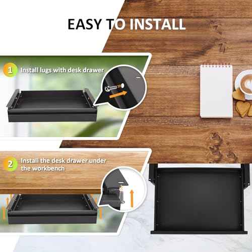 POPMOON Under Desk Drawer For Desk 13.8 * 8.8 * 3.5 in, Pull out Storage Organizer with Slide Extension Mounted Under Flat Wooden Table or Workbench, Carbon Steel Hidden Desk Drawer