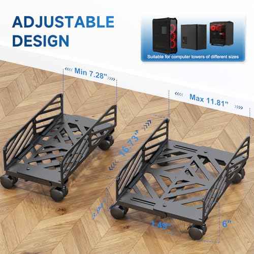 Suptek Computer Tower Stand,7.28 to 11.81 inch Wide Adjustable CPU Steel Rolling Stand,Under Desk or Floor Mobile CPU Stand Holder with Locking Caster Wheels,Gaming PC Holder, Black