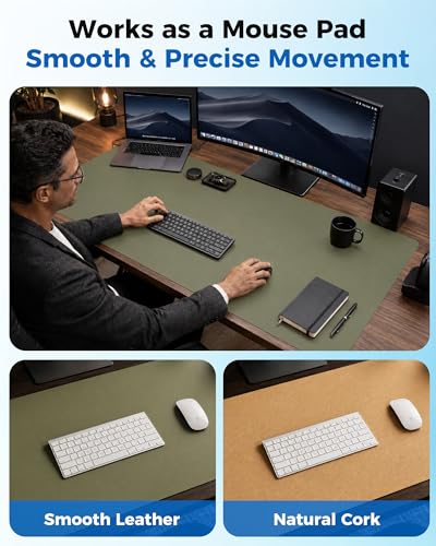 Aothia Dual-Sided Desk Mat - Natural Cork & Leather, Large 25.6"x13.7", Olive Green