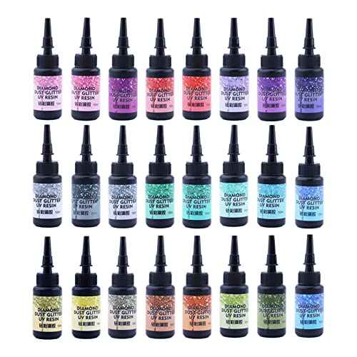 No Odor Colored UV Resin Diamond Glitter 24Colors - D24 UV Light Curing Ultraviolet Cure Resin Glue for Small UV Resin Molds, Jewelry Making - Earrings,Rings,Keychains - 0.35 oz/10ml Each