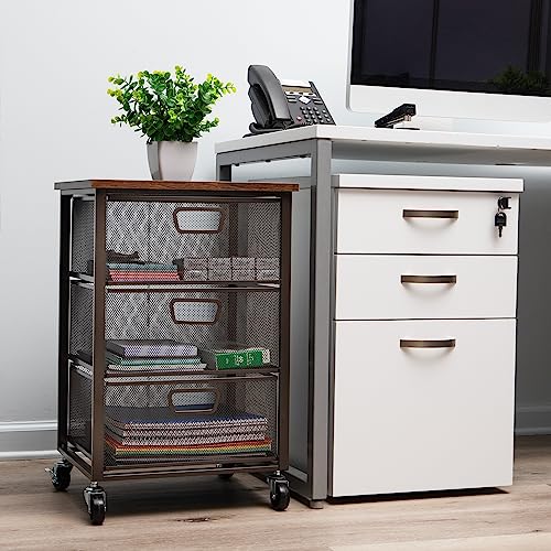 Mind Reader 3-Drawer Wood-Top Rolling Office Organizer Cabinet with Mesh Drawers – Black