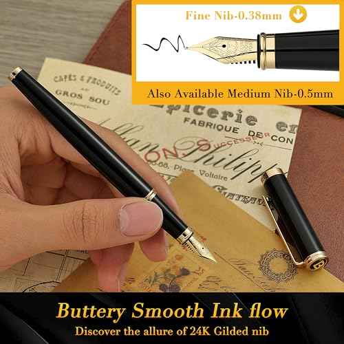 BEILUNER Black Fountain Pen,Stunning Luxury Pens with 24K Gold Accents, Gorgeous 24K Gilded Nib(Fine), Trustworthy Pen Gift for Men&Women -Ink Converter-Elegant, Reliable,Fancy Pen for Writing