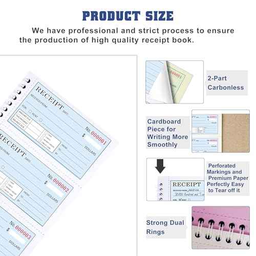 Zzrywuty Money and Rent Receipt Book with Cardboard Insert,2-Part Carbonless,5.3¡±x11.2¡± Spiral Bound,200 Sets per Book,4 Receipts per Page for Office Supplier,Rent and Cash Transaction