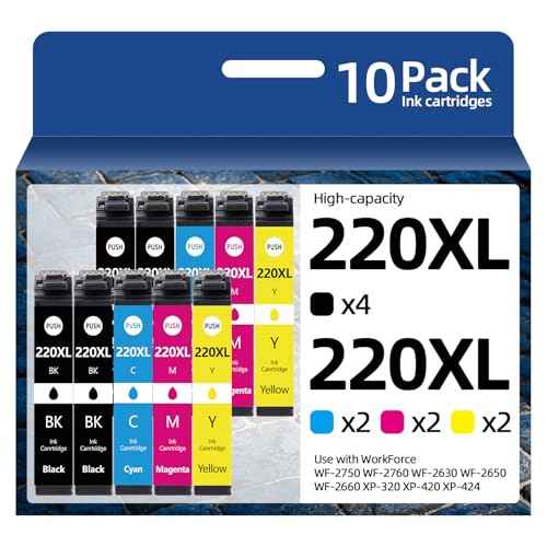 hehua 220XL Ink cartridges 220XL Ink Remanufactured Replacement for Epson 220 220XL Ink Cartridges for Epson Printer Workforce WF-2750 WF-2760 WF-2630 WF-2650 WF-2660 XP-320 XP-420 XP-424 (10-Pack XL)