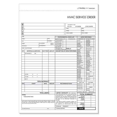 HVAC Service Order Invoice & Repair Detail Form, 3 Part Forms Carbonless (No Company Name Printed) 100 Sets