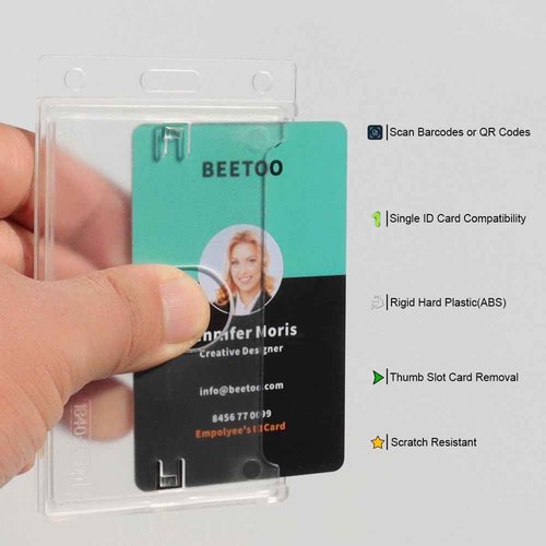Bulk 50 Pack Hard Plastic Badge Holder-Vertical Heavy Duty ID Card Holder for Badges-Rigid Case Single ID Protector with Easy Access Thumb Slot for Clips,Lanyards & Reels-Frosted Clear by BETOOM