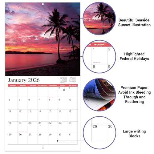 2026 Wall Calendar BEACHES, 12 Months Hangable Wall Calendars, from Jan 2026 - Dec 2026, 12" x 24" (Open), Wall Calendar with Thick Paper