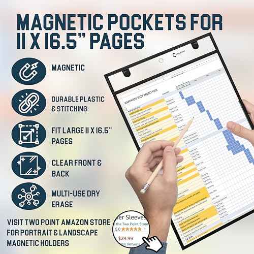 Huge Magnetic Dry Erase Pockets by Two Point (25-Pack) - Portrait - Fits 11 x 16.5 inch Pages, Black Dry Erase Sleeves, Job Shop Ticket Holders, Clear Paper Sleeves Protector, Magnetic Folder Pouch