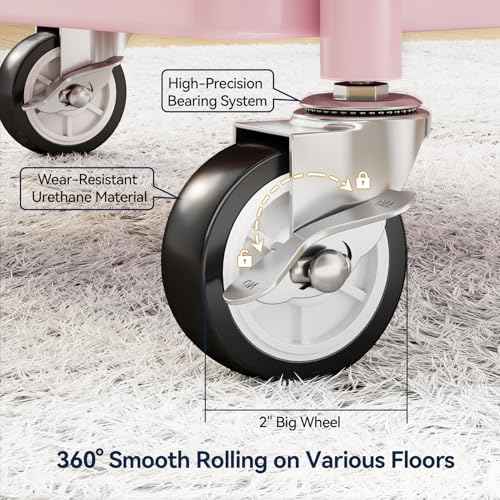 YASONIC 3-Tier Metal Rolling Cart, Heavy Duty Utility Cart with Lockable Wheels, Hanging Cups, Hooks, Mesh Rolling Storage Cart Craft Organizer, Lightweight and Sturdy, Pink