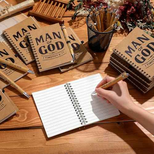 30 Sets Man of God Christian Gifts Bulk Man of God Notebook and Pen Set Bulk Christian Spiral Notebook Bible Verse Retractable Bamboo Pens for Men Dad Pastors Church Gift (Brown)