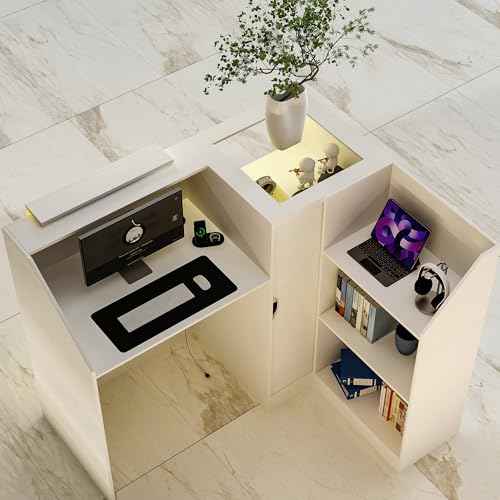 WOODTIME Reception Desk with Counter, Colored LED Light, Glass Front & Open Shelves, Retail Counter with Adjustable Glass Shelves, Checkout Front Desk for Office Clinic Lobby Salon, White