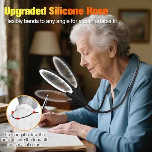 Hands Free Magnifying Glass with Light for Close Work, 5.5 Inch 5X Lighted Magnifying Glass, Neck Wear Magnifier for Reading Books, Sewing, Cross Stitch, Low Vision Seniors with Aging Eyes